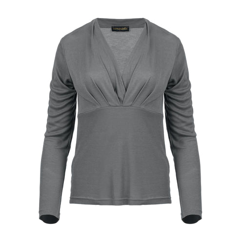 Soft Grey Ribbed Viscose Jersey Top – V-Neck, Long Sleeve