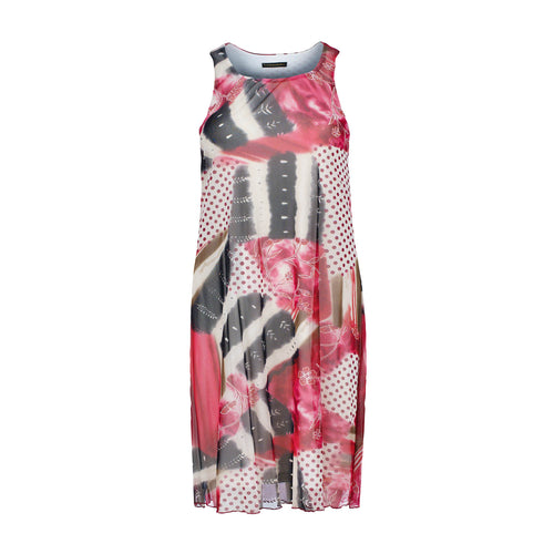 Sleeveless Midi Dress – Abstract Red Print, Sheer Nylon Mesh, Fully Lined in Cotton