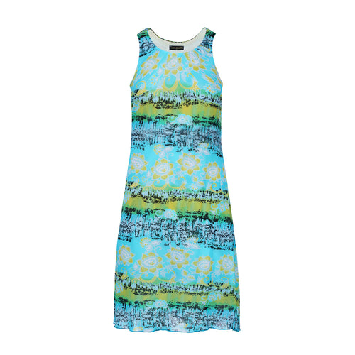 Sleeveless Summer Dress – Multicolor Floral Print, Sheer Nylon Overlay, Fully Lined in Cotton