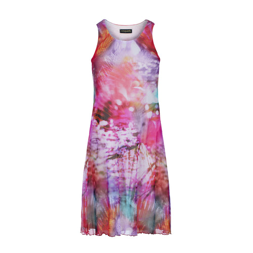 Women's Sleeveless A-Line Dress – Abstract Multicolor Print, Lined Cotton with Sheer Nylon Overlay