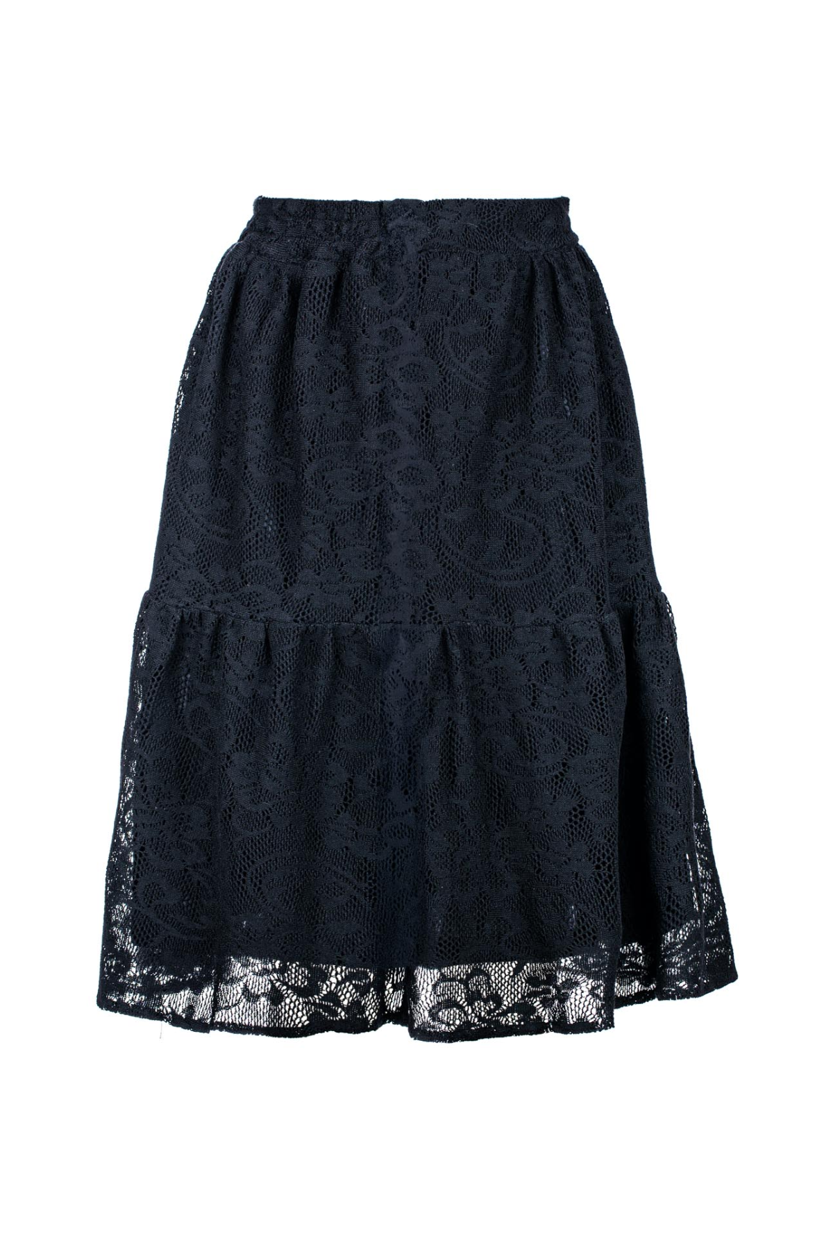 Black Lace Jacquard Skirt – Soft Textured Polyester, Below Knee, Elastic Waist