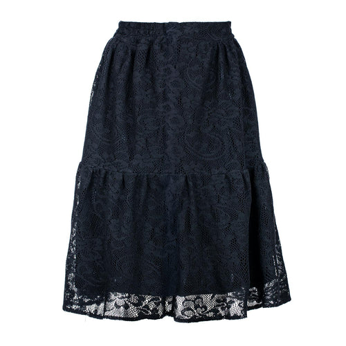 Black Lace Jacquard Skirt – Soft Textured Polyester, Below Knee, Elastic Waist