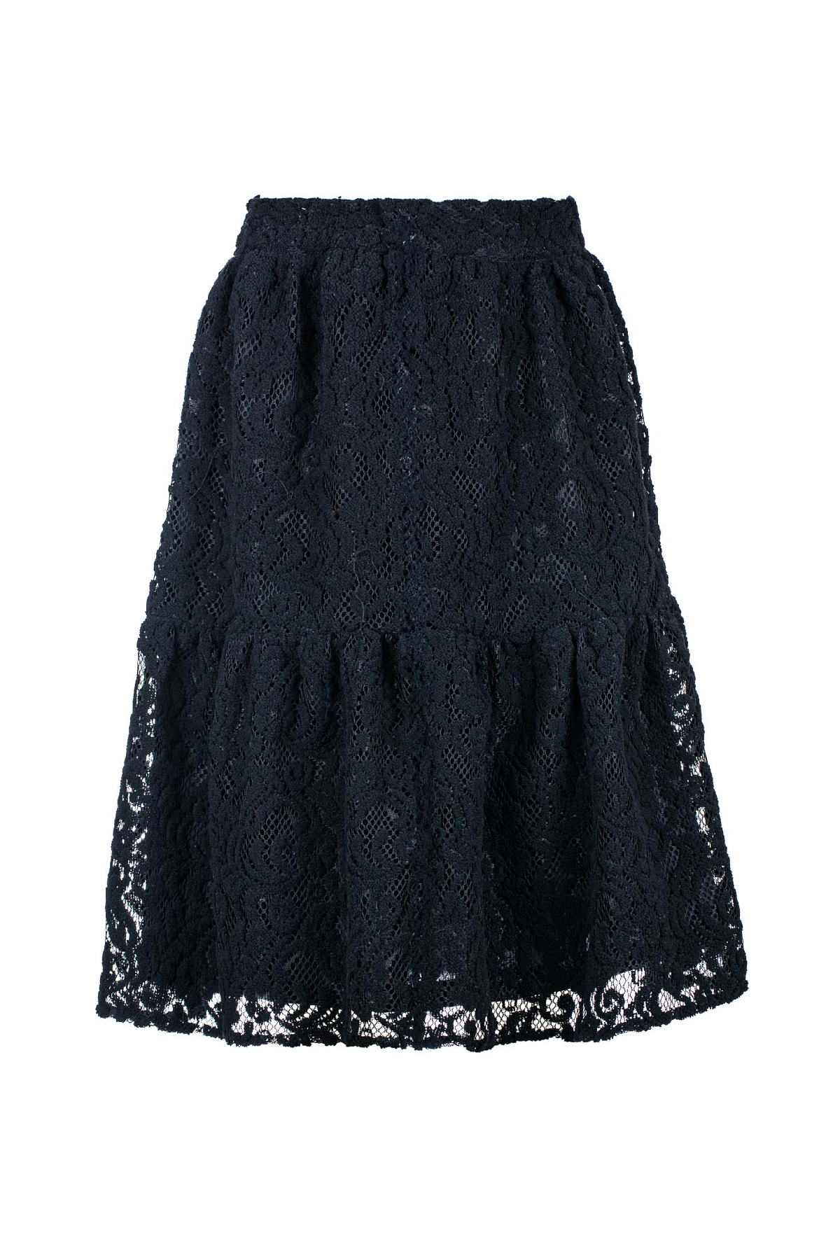 Black Lace Jacquard Midi Skirt – Soft Textured Polyester, Elastic Waist