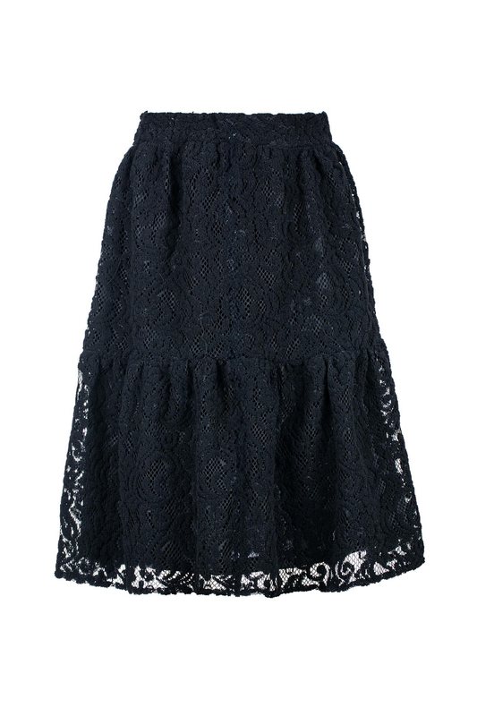 Black Lace Jacquard Midi Skirt – Soft Textured Polyester, Elastic Waist