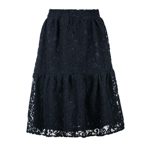 Black Lace Jacquard Midi Skirt – Soft Textured Polyester, Elastic Waist