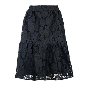 Black Cotton Lace Skirt – Knitted Jacquard, Below Knee, Elastic Waist