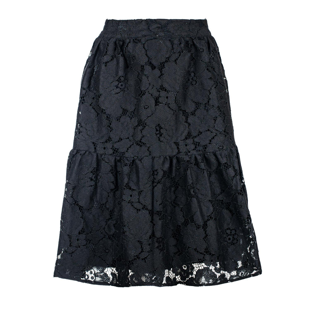 Black Cotton Lace Skirt – Knitted Jacquard, Below Knee, Elastic Waist