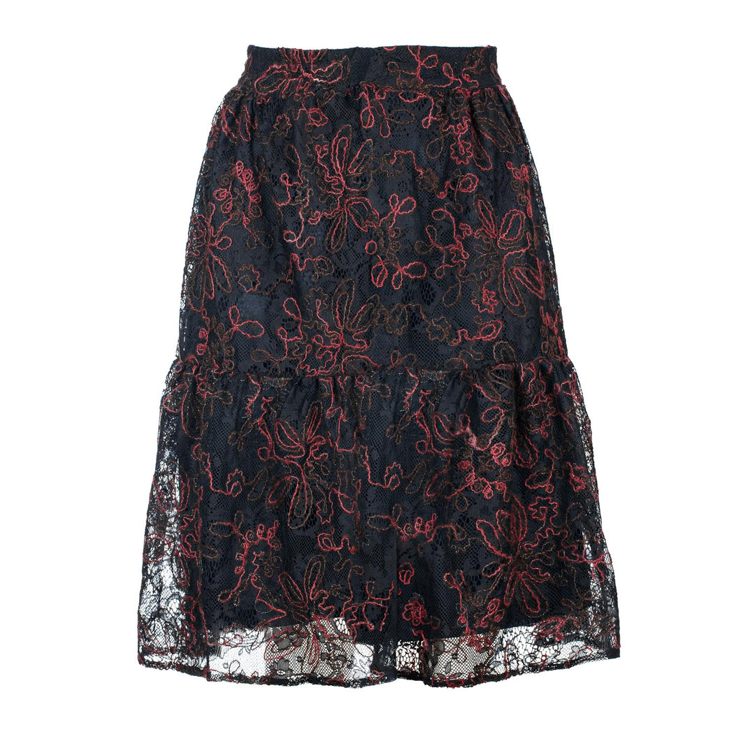 Black Lace Skirt with Dark Red Stitching – Viscose-Wool Blend, Below Knee, Elastic Waist