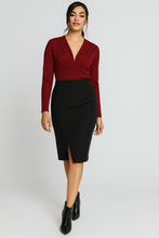 Load image into Gallery viewer, Long Sleeve V-Neck Top in Deep Red – Stretch Jersey Blend