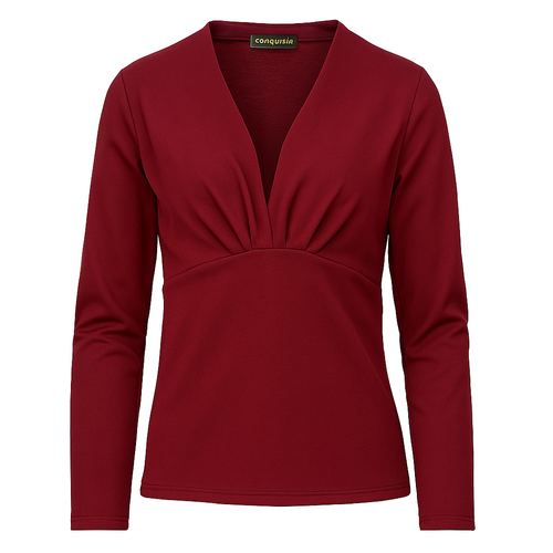 Long Sleeve V-Neck Top in Deep Red – Stretch Jersey Blend