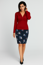 Load image into Gallery viewer, Long Sleeve Shiny V-Neck Top in Deep Red – Stretch Jersey Blend