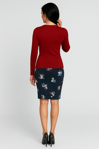 Long Sleeve Shiny V-Neck Top in Deep Red – Stretch Jersey Blend