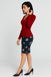 Long Sleeve Shiny V-Neck Top in Deep Red – Stretch Jersey Blend