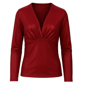 Long Sleeve Shiny V-Neck Top in Deep Red – Stretch Jersey Blend