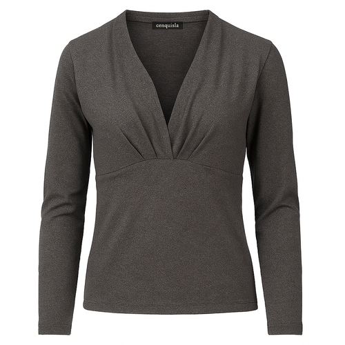 Women's Heathered Charcoal V-Neck Jersey Top – Long Sleeve, Draped Front