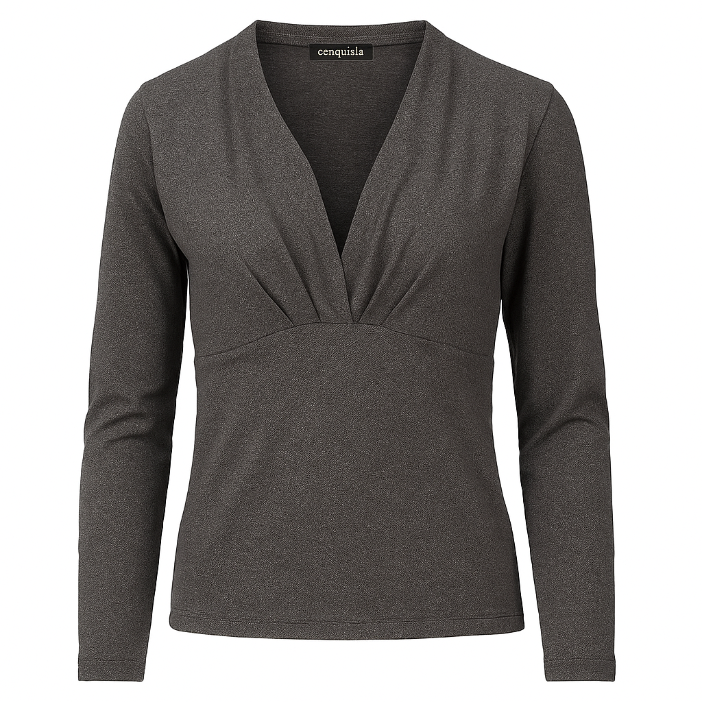 Women's Heathered Charcoal V-Neck Jersey Top – Long Sleeve, Draped Front
