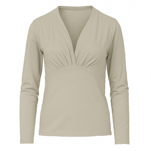 Long Sleeve V-Neck Gathered Top – Soft Viscose Blend Jersey