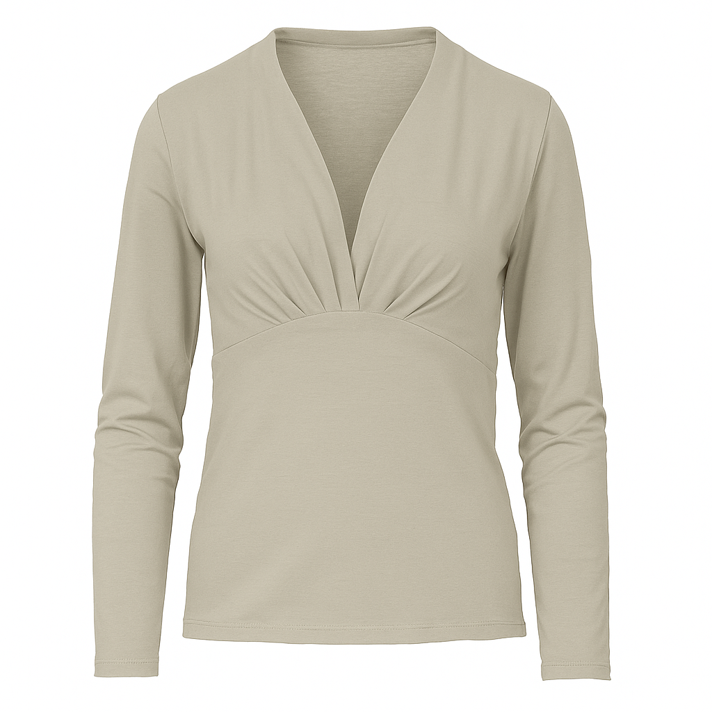 Long Sleeve V-Neck Gathered Top – Soft Viscose Blend Jersey