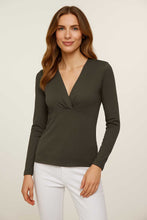 Load image into Gallery viewer, Women&#39;s Charcoal Cotton Blend Jersey Top – Draped V-Neck, Long Sleeve