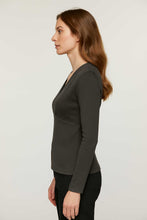 Load image into Gallery viewer, Women&#39;s Charcoal Cotton Blend Jersey Top – Draped V-Neck, Long Sleeve