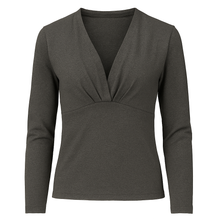 Load image into Gallery viewer, Women&#39;s Charcoal Cotton Blend Jersey Top – Draped V-Neck, Long Sleeve