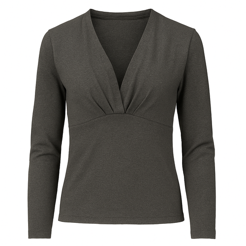 Women's Charcoal Cotton Blend Jersey Top – Draped V-Neck, Long Sleeve