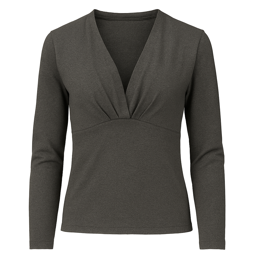 Women's Charcoal Cotton Blend Jersey Top – Draped V-Neck, Long Sleeve