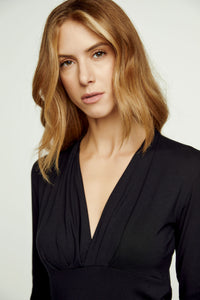 Elegant Black V-Neck Long Sleeve Top – Heavy Jersey Stretch Blouse