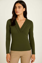 Load image into Gallery viewer, Dark Khaki Long Sleeve Faux Wrap Top in Stretch Jersey Sustainable Fabric