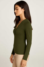 Load image into Gallery viewer, Dark Khaki Long Sleeve Faux Wrap Top in Stretch Jersey Sustainable Fabric