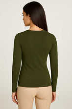 Load image into Gallery viewer, Dark Khaki Long Sleeve Faux Wrap Top in Stretch Jersey Sustainable Fabric