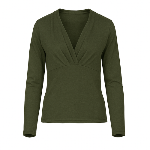 Dark Khaki Long Sleeve Faux Wrap Top in Stretch Jersey Sustainable Fabric