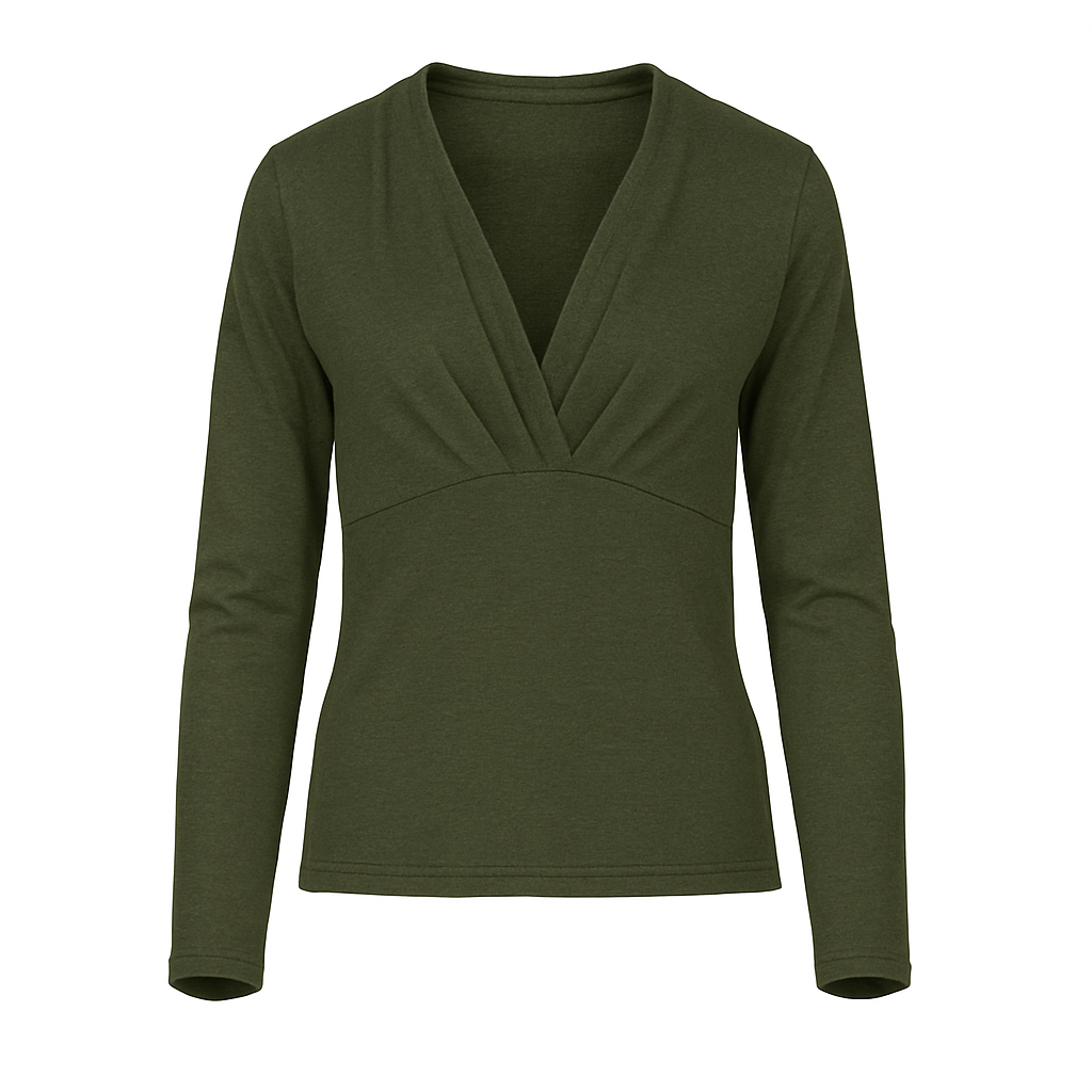 Dark Khaki Long Sleeve Faux Wrap Top in Stretch Jersey Sustainable Fabric