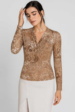 Load image into Gallery viewer, Women&#39;s Draped Viscose Elastane Top with Vintage Print – Long Sleeve, Deep V-Neck