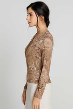 Load image into Gallery viewer, Women&#39;s Draped Viscose Elastane Top with Vintage Print – Long Sleeve, Deep V-Neck