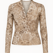 Load image into Gallery viewer, Women&#39;s Draped Viscose Elastane Top with Vintage Print – Long Sleeve, Deep V-Neck