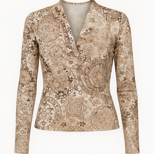 Women's Draped Viscose Elastane Top with Vintage Print – Long Sleeve, Deep V-Neck