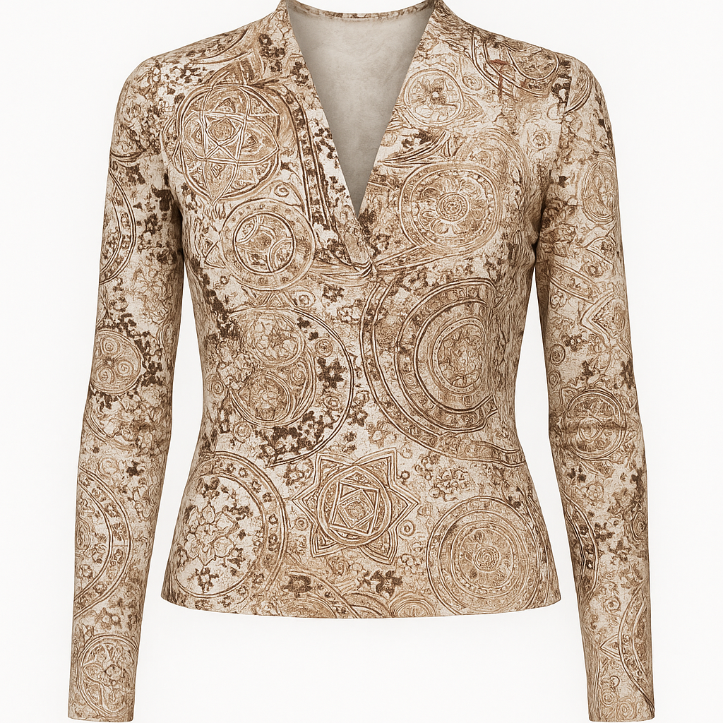 Women's Draped Viscose Elastane Top with Vintage Print – Long Sleeve, Deep V-Neck