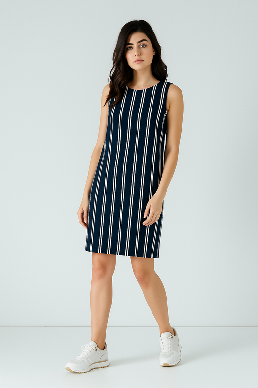 Conquista Φόρεμα Mini Casual Αμάνικο Στρογγυλή Λαιμόκοψη Ριγέ Μπλε C241-242-41