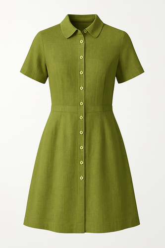 Knee-Length Button-Front Shirt Dress in 100% Linen
