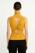 Load image into Gallery viewer, Sleeveless Turtleneck Top with Open-Back Twist — Micromodal-Elastane Jersey, Mustard