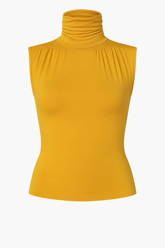 Sleeveless Turtleneck Top with Open-Back Twist — Micromodal-Elastane Jersey, Mustard