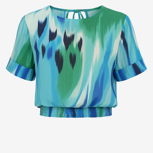 Elegant Printed Net Top with Open Back and Tie Detail