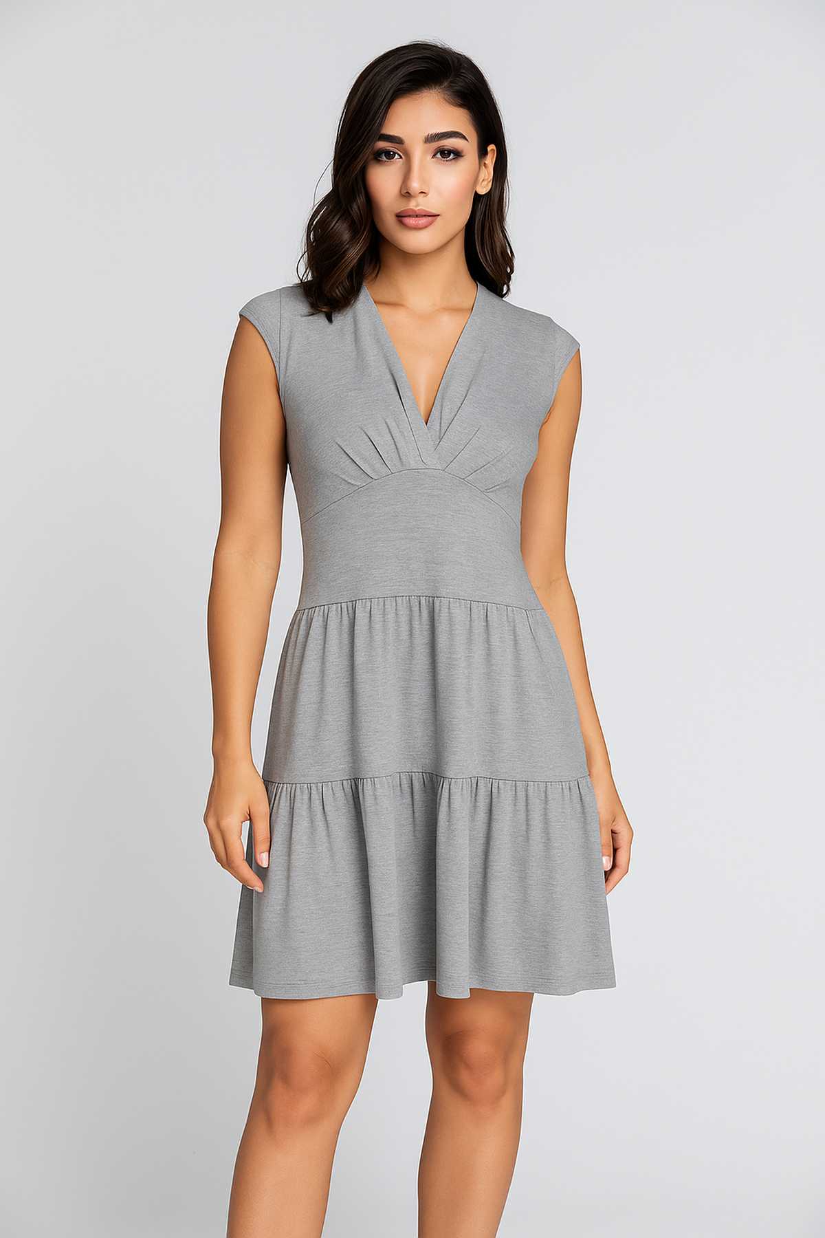 Conquista Φόρεμα Mini Casual Αμάνικο V-Λαιμόκοψη Με Βολάν Μονόχρωμο Βισκόζη Γκρι C241-314-03