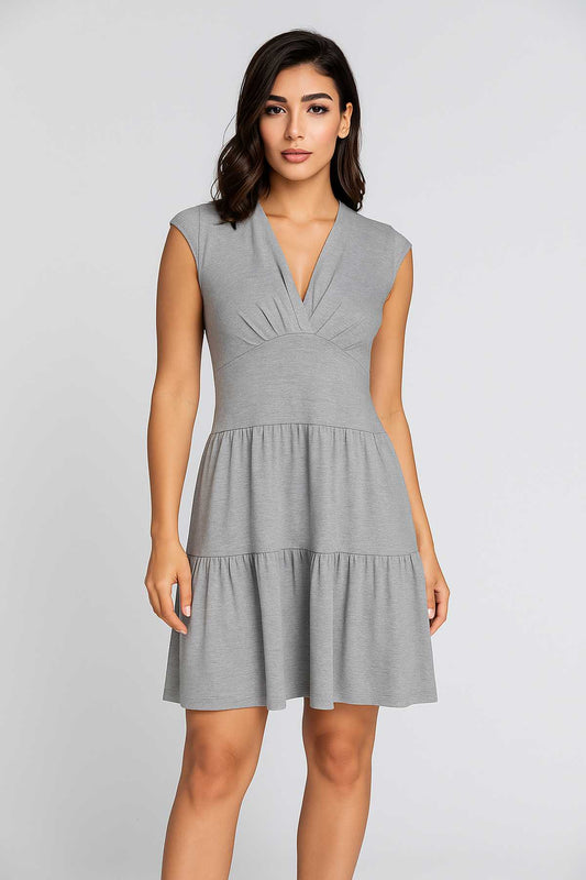 Conquista Φόρεμα Mini Casual Αμάνικο V-Λαιμόκοψη Με Βολάν Μονόχρωμο Βισκόζη Γκρι C241-314-03