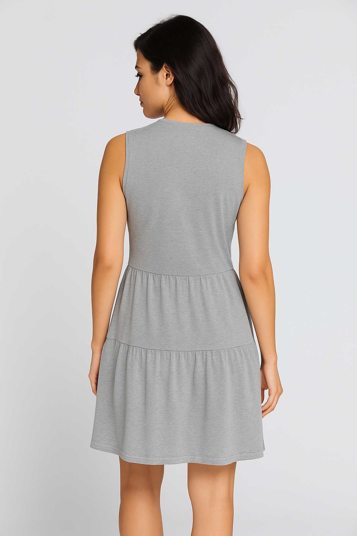 Conquista Φόρεμα Mini Casual Αμάνικο V-Λαιμόκοψη Με Βολάν Μονόχρωμο Βισκόζη Γκρι C241-314-03