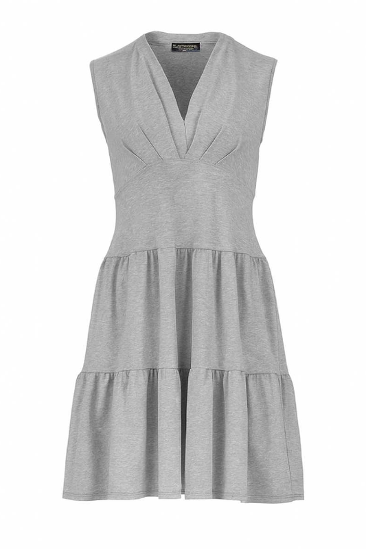 Conquista Φόρεμα Mini Casual Αμάνικο V-Λαιμόκοψη Με Βολάν Μονόχρωμο Βισκόζη Γκρι C241-314-03