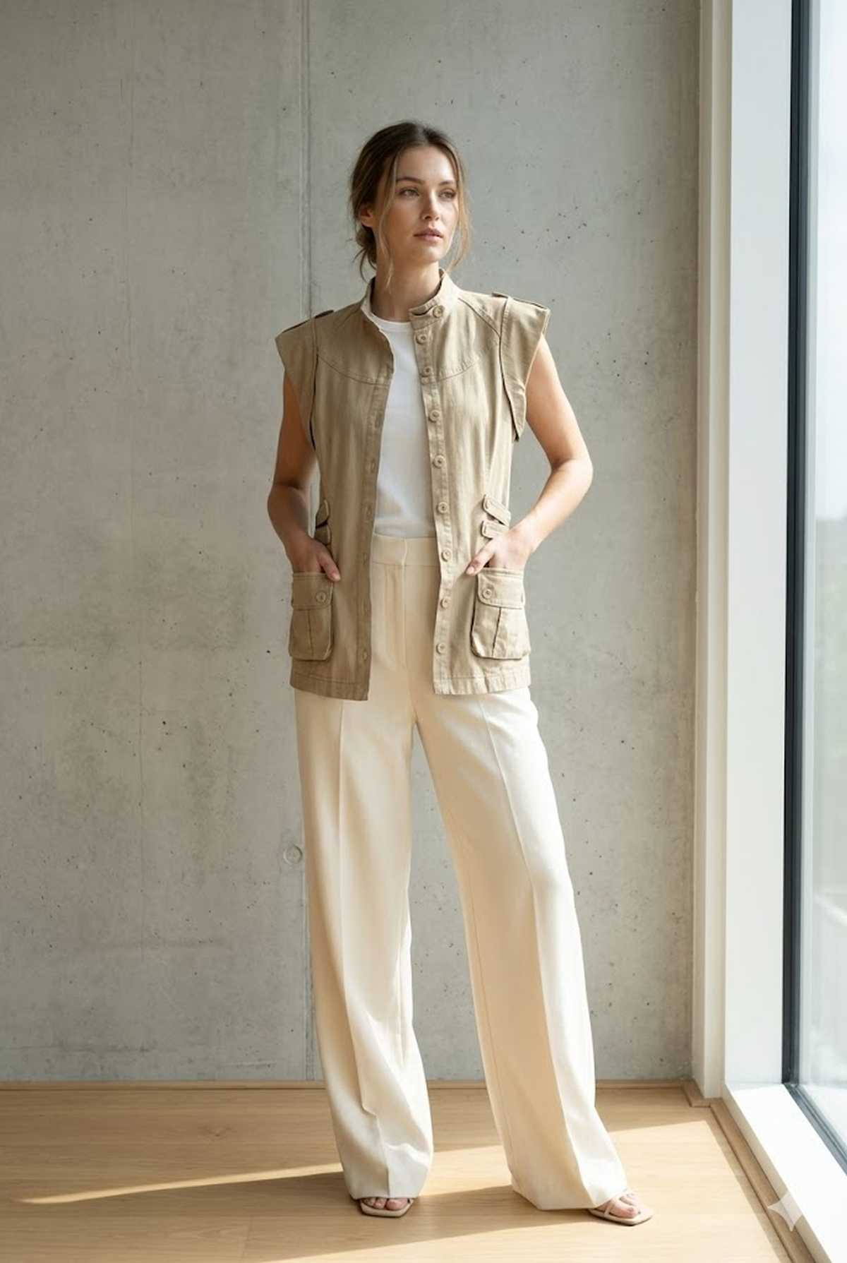 Conquista Σακάκι Longline Casual Αμάνικο Με Κουμπιά Με Τσέπες Μονόχρωμο Μπεζ C241-321-47
