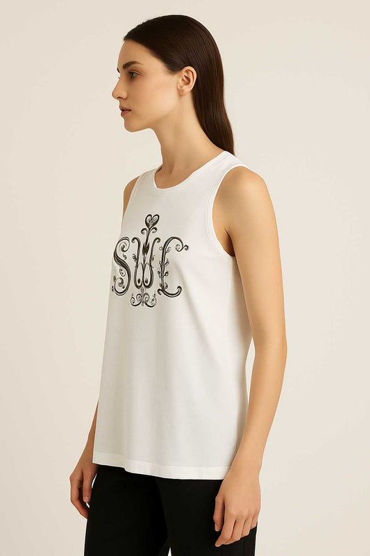 White Sleeveless Top with Ornamental “SWE” Print