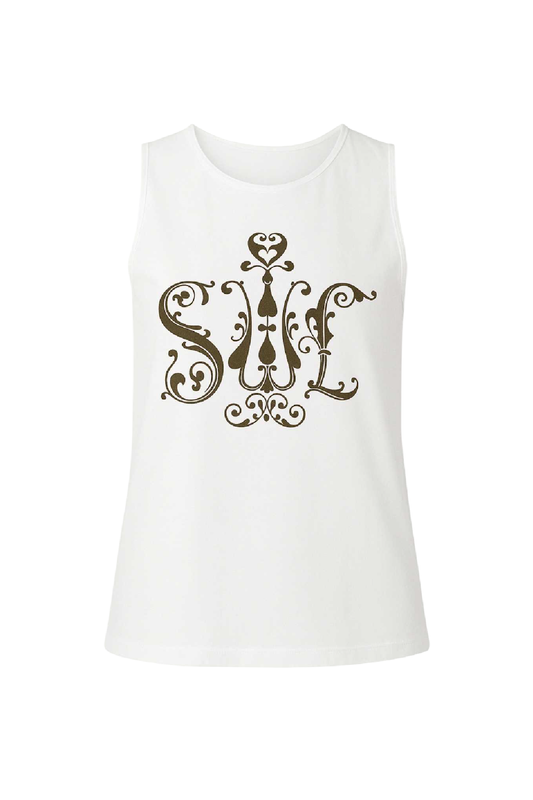 White Sleeveless Top with Ornamental “SWE” Print